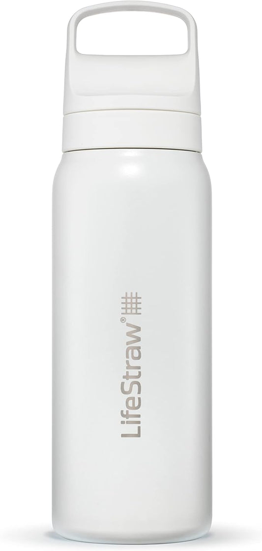 LifeStraw Go Series – Insulated Stainless Steel Water Filter Bottle for Travel and Everyday use removes Bacteria, parasites and microplastics, Improves Taste, 24oz Polar White