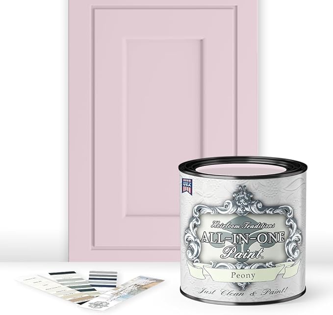 ALL-IN-ONE Paint, Durable cabinet and furniture paint. Built in primer and top coat, no sanding needed. Includes our 30 featured color card - Peony (pale pink), Quart