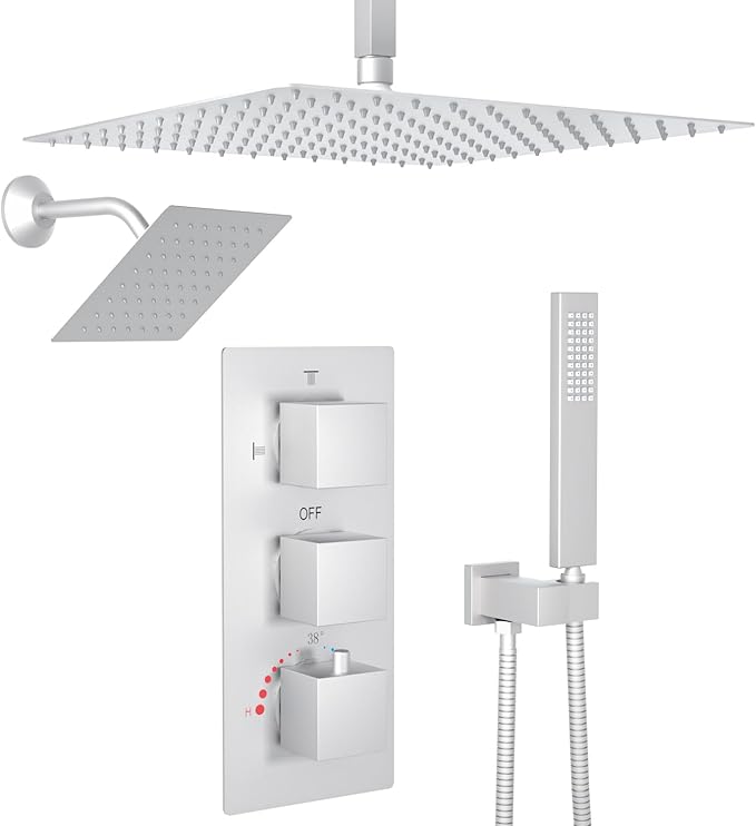 Enga Dual Rain Shower Head System, 16 Inch Ceiling Mount Shower Head with 6 Inch Wall Mount Shower Head Full Body Thermostatic Shower Faucet Set, Brushed Nickel