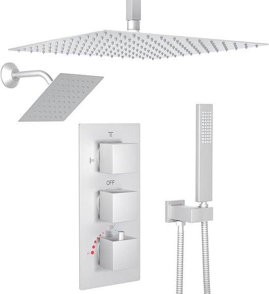 Enga Dual Rain Shower Head System, 16 Inch Ceiling Mount Shower Head with 6 Inch Wall Mount Shower Head Full Body Thermostatic Shower Faucet Set, Brushed Nickel