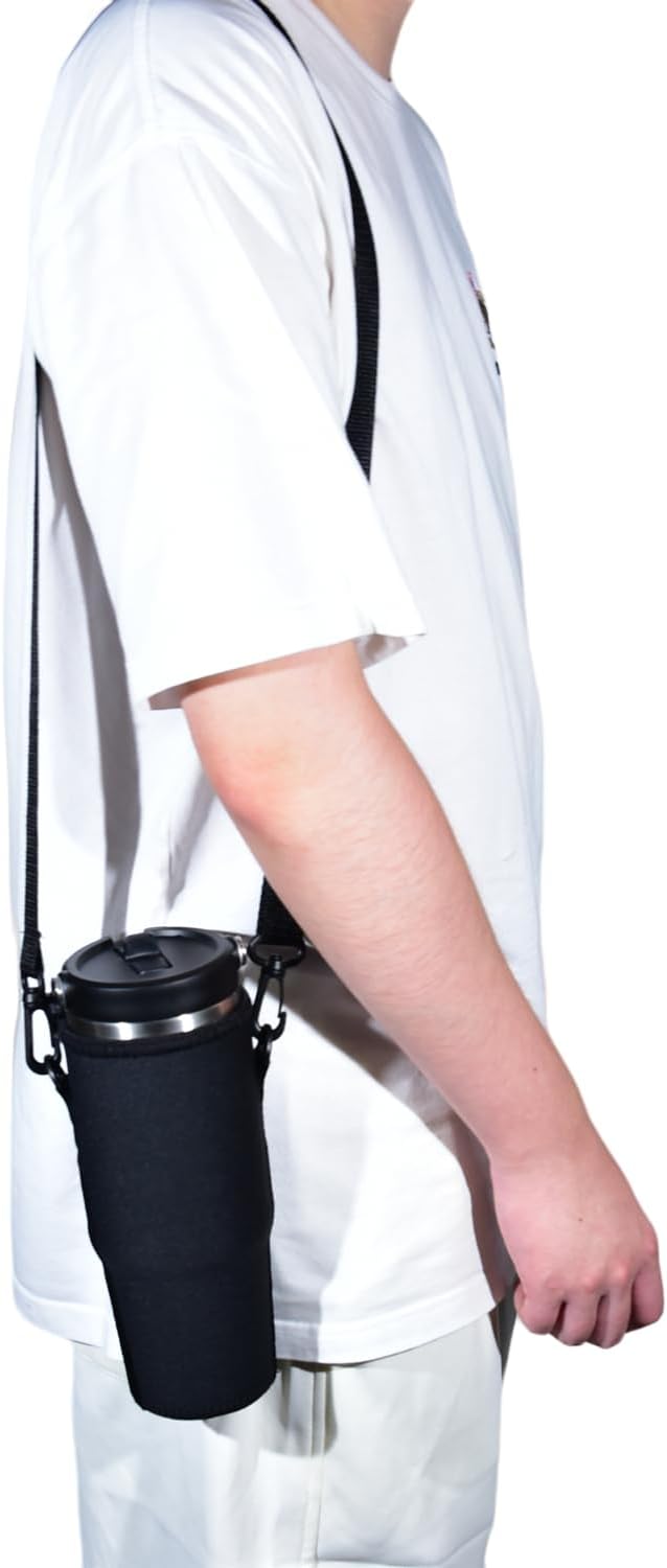 AF-WAN Neoprene Carrier Water Bottle Insulation Sleeve,Waterproof, Anti-Slip, Anti-Scratch Pouch with Shoulder Strap, Compatible With STANLEY IceFlow Stainless Steel Tumbler 30oz (Black)