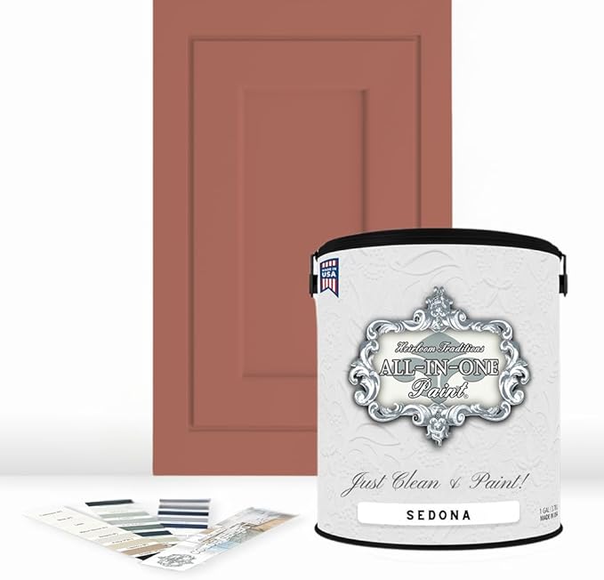 ALL-IN-ONE Paint, Durable cabinet and furniture paint. Built in primer and top coat, no sanding needed. Includes our 30 featured color card - Sedona (warm coral), Gallon