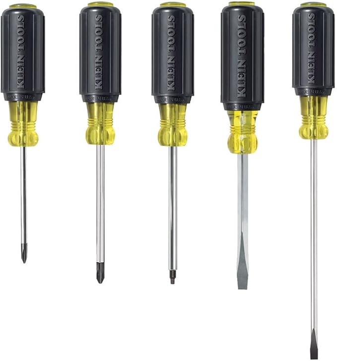Klein Tools 80031 Screwdriver Set, Made in USA, 5-Piece Kit Includes 2 Slotted, 2 Phillips and 1 Square Tip Screwdriver, Cushion Grip Comfort