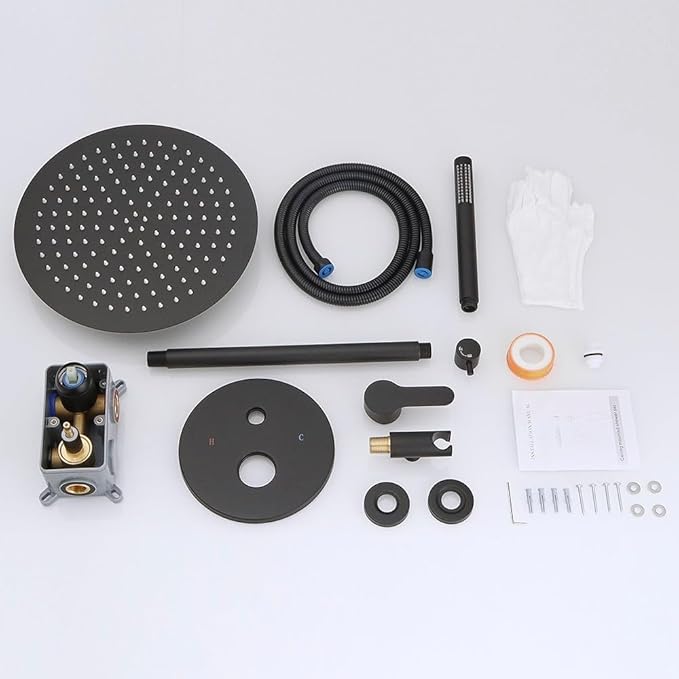 Matte Black Ceiling Mount Round Rain Shower System with 12 Inch Shower Head and Handheld Bathroom Shower Set Contain Shower Faucet Trim Kit (Mixer Valve Included)