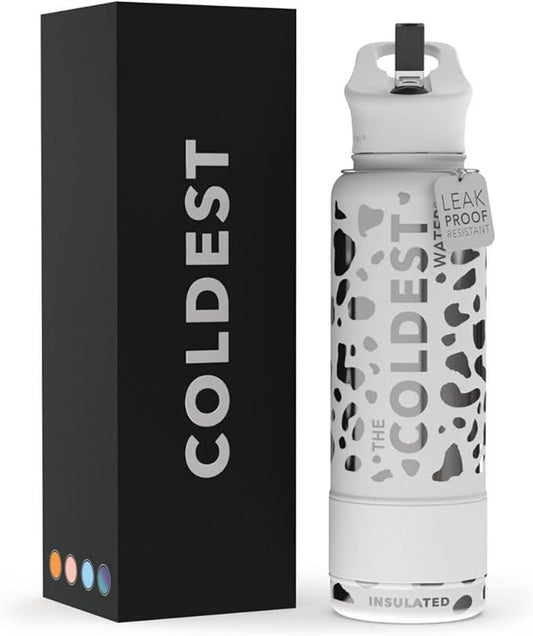 Coldest Sports Water Bottle - (Straw Lid), Leak Proof, Vacuum Insulated Stainless Steel, Hot Cold, Double Walled, Thermo Mug, Metal Canteen (40 oz, Silver Leopard)