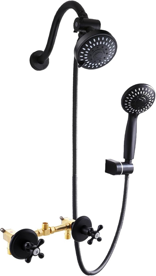 2 Handle Shower Faucet Set, Matte Black 5 Mode Shower Faucet Sets Complete Two Handle Shower Head and Handle Set Bathroom Shower Trim Kit with Rough-in Valve