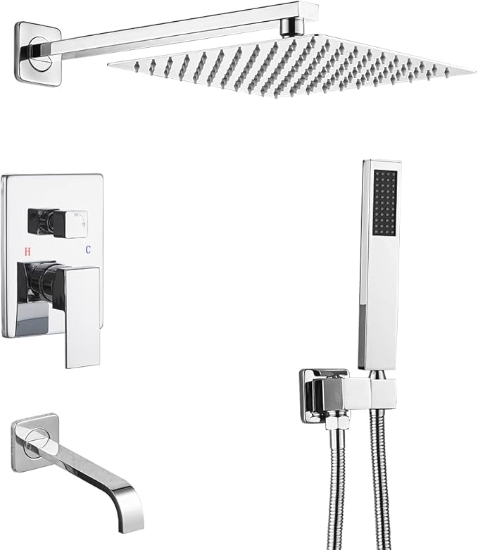 Chrome Shower System Bathroom Shower Faucet Set with Tub Spout Wall Mounted 10 Inch Shower Head and Handle Set with Handheld 3 Function Tub and Shower Trim Kit with Rough-in Valve