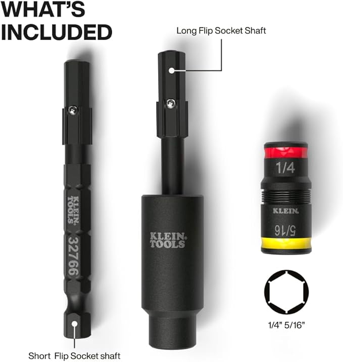 Klein Tools 32982 Impact Flip Socket Set with Swivel Adapter, 3-Piece, 25-Degree Swivel Head, 1/4 and 5/16-Inch Flip Socket, Impact-Rated