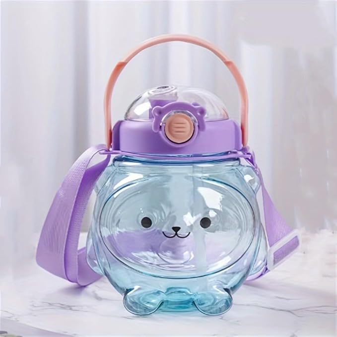 Cute Bear Water Bottle with Strap and Straw, 32oz Kawaii Kids Water Bottles, Leak-proof Plastic Drinking Cups for Children kids Girls Women School Sports Camping Picnic Hiking Travel (Purple)