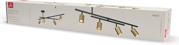 Globe Electric 57501 4-Light Track Lighting, Matte Black, Matte Brass Track Heads, Center Swivel Bar, 4 Bulb Kitchen Light, Ceiling Light Fixture, Track Lighting, Swivel, Bulb Not Included