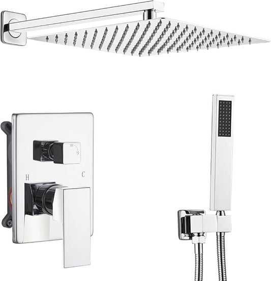 Shower Faucet Set Polished Chrome Surface Large 12 Inch Shower Head Handheld Shower Combo Set High Pressure Recessed Wall Mount, Chrome