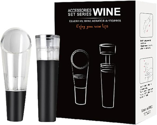 Bottle Stopper Set with Built-in Vacuum Wine Preserving Pump Food Safe Silicone Lid, Suitable for Most Wine Bottles,Portable Instant Wine Aerating (HJ-A001), 3.5*1.2 Inches, Black