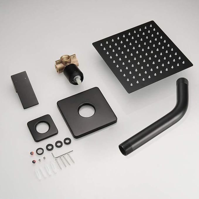 Shower Faucet Set Matte Black, Bathroom Rainfall Shower System with Stainless Steel Shower Head Rain Shower Set, Single Function Shower Trim Kit with Rough-in Valve