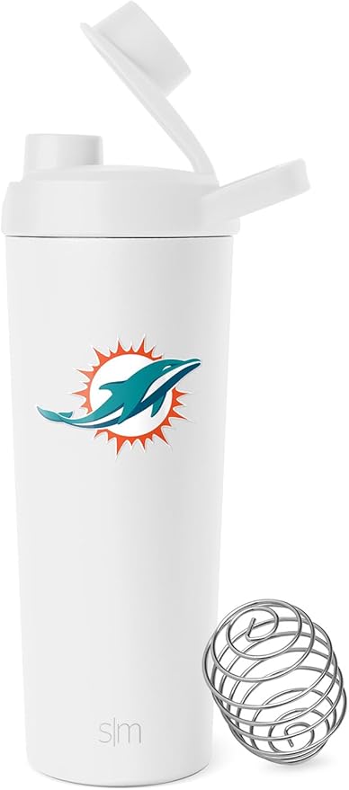 Simple Modern Officially Licensed NFL Miami Dolphins Stainless Steel Shaker Bottle with Ball 24oz | Metal Insulated Cup for Protein Mixes, Shakes and Pre Workout | Rally Collection | Miami Dolphins