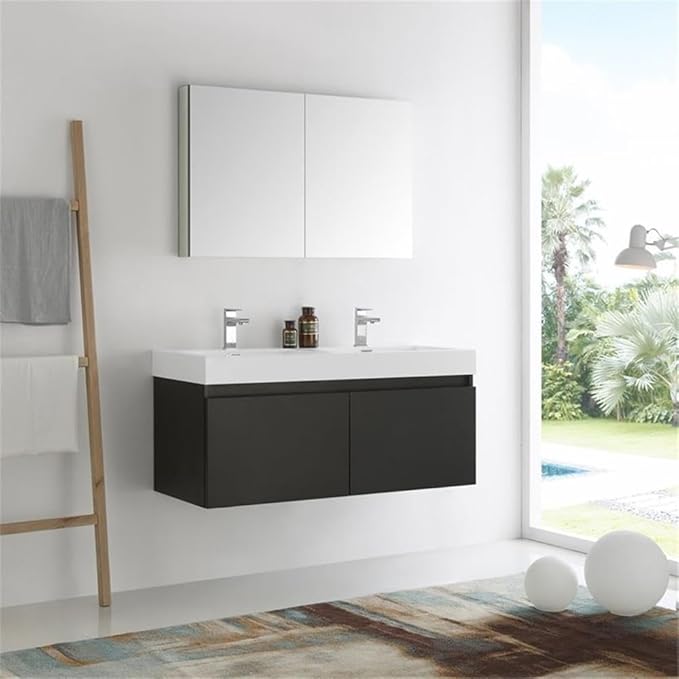 Fresca Mezzo 48 Inch Black Wall Hung Modern Double Bathroom Vanity and Medicine Cabinet - Includes Double Integrated Sinks with 4 Soft-Closing Hidden Drawers - Faucets Not Included - FVN8012BW