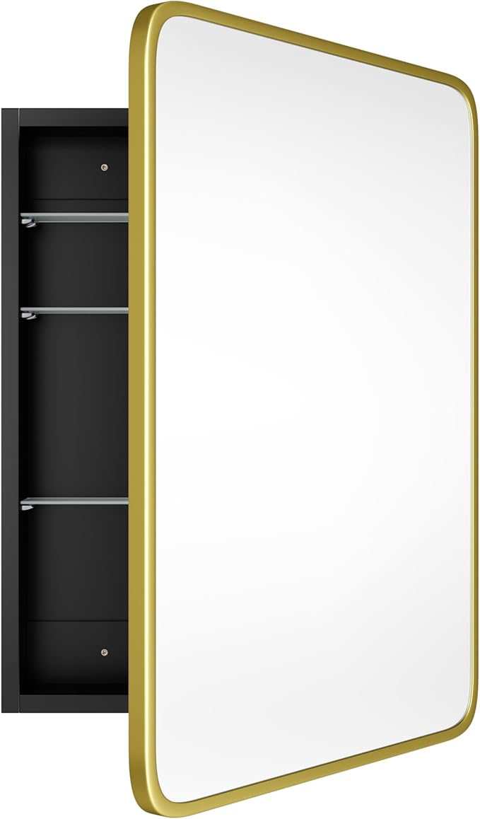 Bathroom Wood Black Cabinet with 20''x30'' Brushed Gold Metal Frame Curved Mirror, Recessed Medicine Cabinet, Bathroom Storage Cabinet