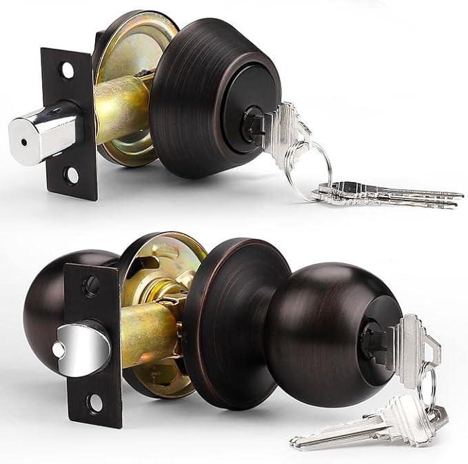 Probrico Door Knob with Single Cylinder Deadbolt Set Oil Rubbed Bronze Entry Door Lock with Key, Contemporary Front Door Entrance Lockset Handleset Gate Hardware
