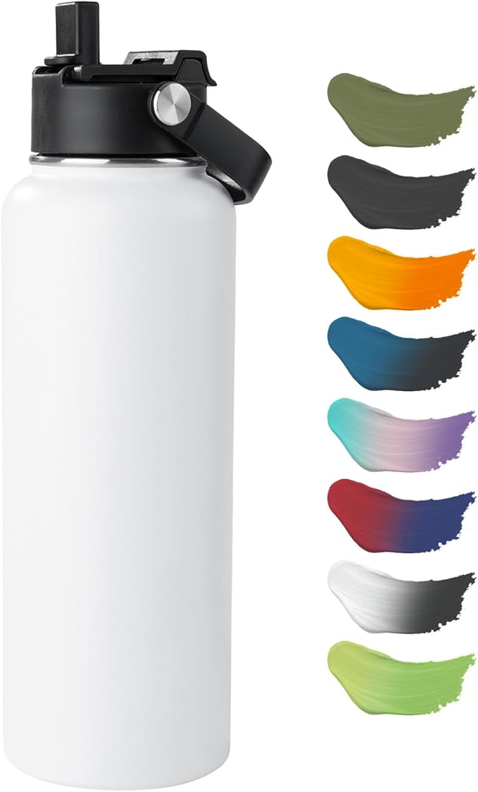 Kerilyn Stainless Steel Insulated Water Bottle, 40oz Double Wall Vacuum Insulated Water Bottle Leak Proof with Silicone Straw, Wide Mouth Lid, BPA Free, Keep Cold and Hot, 40oz, White