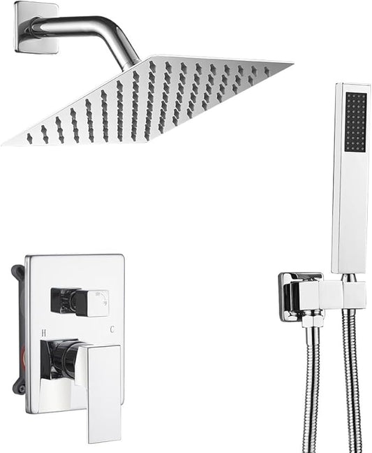 Chrome Shower System with High Pressure 8'' Rainfall Shower Head, Handheld Shower head, Bathroom Luxury Rain Mixer Shower Combo Set Wall Mounted Shower Faucet Rough-in Valve and Trim Kit