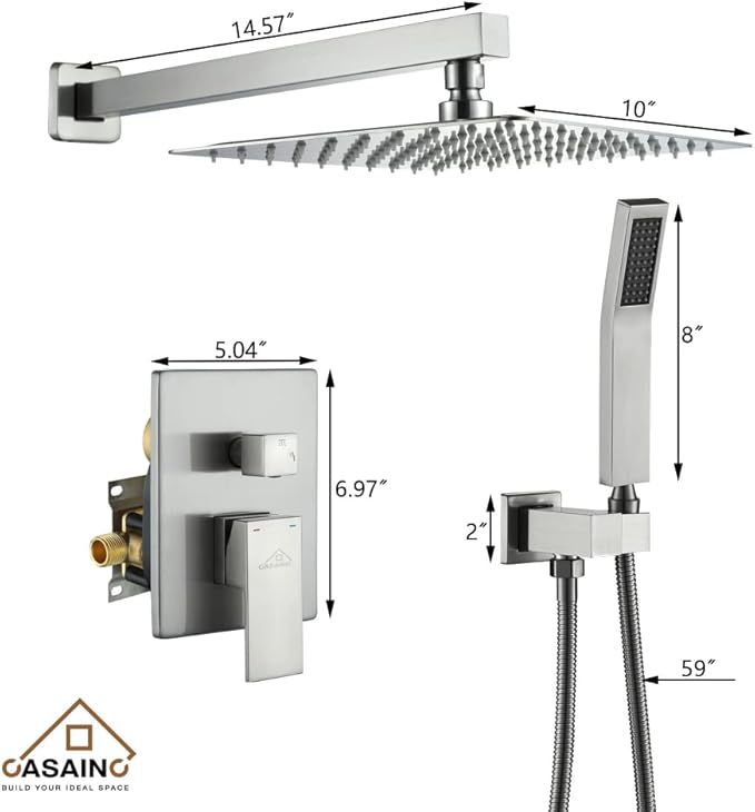CASAINC Rainfall Shower Head Combo Set 10 Inches Bathroom Luxury Rain Shower Head with Handheld Spray Wall Mounted Shower Faucet Set with Valve and Trim (Brushed Nickel)