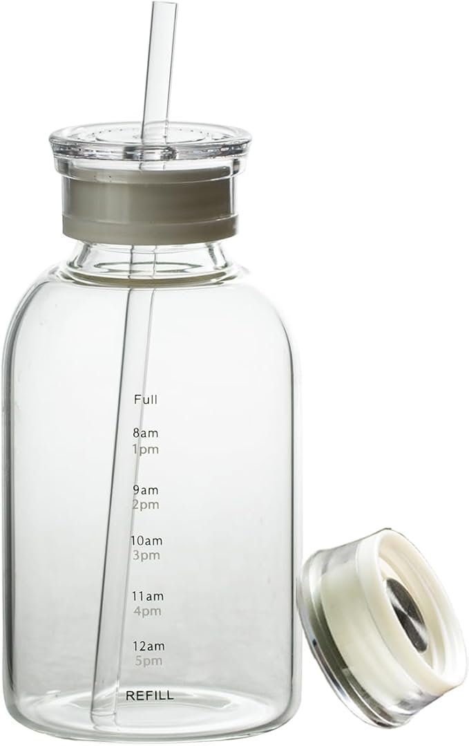 Glass water bottle With Time Marker -15oz with 2 caps and straw,Reusable Glass Drinking Bottles，Suitable For Drinks, Juices, Sodas, Coke, As Gifts Etc (15oz)