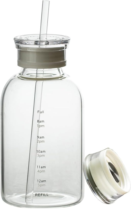 Glass water bottle With Time Marker -15oz with 2 caps and straw,Reusable Glass Drinking Bottles，Suitable For Drinks, Juices, Sodas, Coke, As Gifts Etc (15oz)