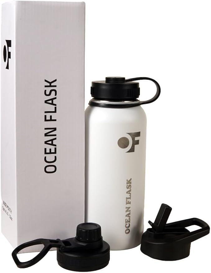 Sports Water Bottle - 32 Oz 3 Lids Straw Lid Leak Proof (Straw, Spout and Handle Lid)- Stainless Steel Sport and Gym, Travel Bottles for Men, Women -Insulated Thermos (Winter White)