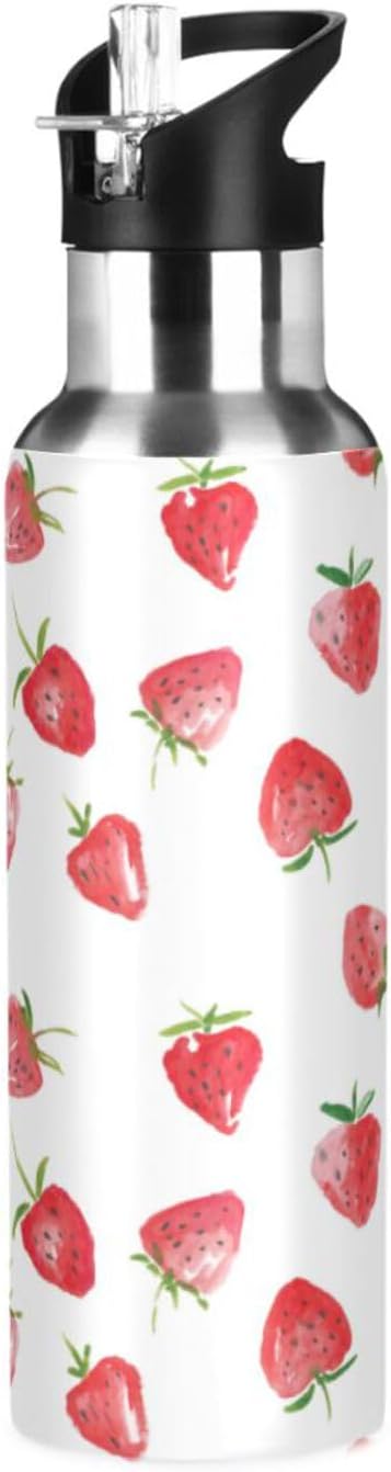 Alaza Watercolor Strawberries Fruits Water Bottle With Straw Lids Boys Girls,Vacuum Insulated Leakproof Stainless-Steel Sports Bottle Thermal Flask For Gym Yoga Camping,34Oz (1000Ml)
