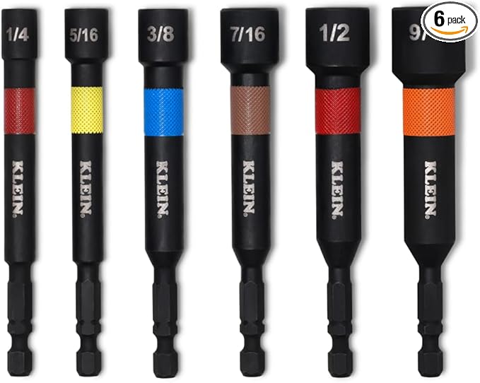 Klein Tools 32946S 4-Inch Power Nut Setters 6-Piece Set, Impact-Rated, Magnetic, Color-Coded, SAE