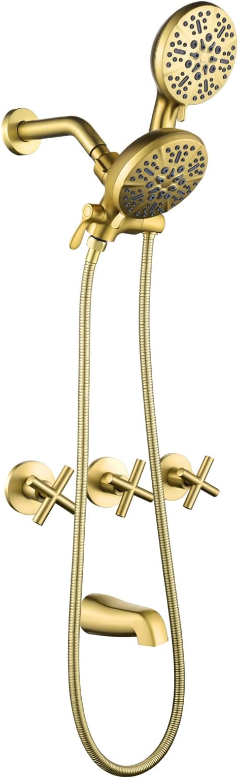 3 Handle Shower Faucet Set with Tub Spout Bathtub Shower Faucet Combo Set Shower System Complete Tub and Shower Trim Kit Shower Fixture Brushed Gold