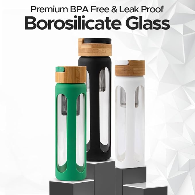 NUZI Glass Water Bottles 18 oz with Stainless Steel Fruit Infuser | Insulated Water Bottle | Reusable Glass Water Bottles with Silicone Sleeve & Bamboo Lid | BPA Free and Leakproof | Black | 1 Pc