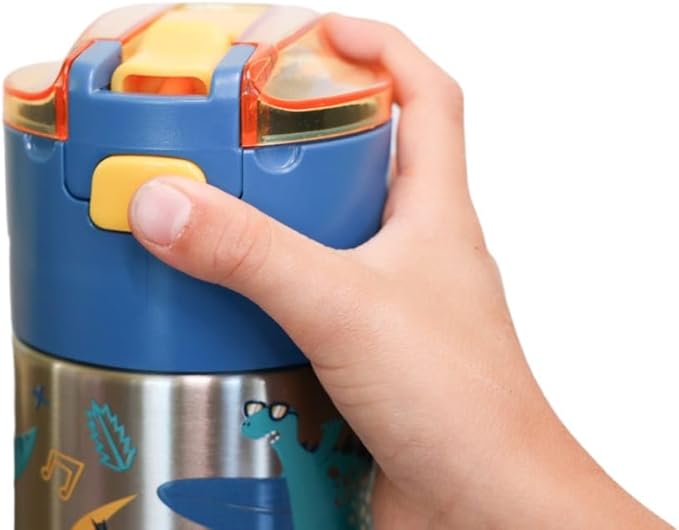 Kids insulated water bottle with straw and snack cup. Double wall stainless steel 14oz (teal and dark yellow dinosaur)