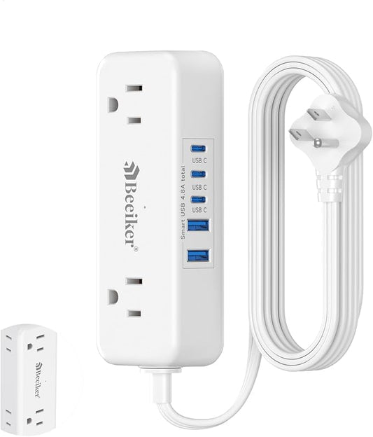 5 USB(3 USB C) Travel Power Strip- 5Ft Short Extension Cord with 5 USB Charging Station 24W/4.8A and 4 Wide Outlets, Compact Flat Plug Small Extension Cord for Travel Cruise College Dorm Office White