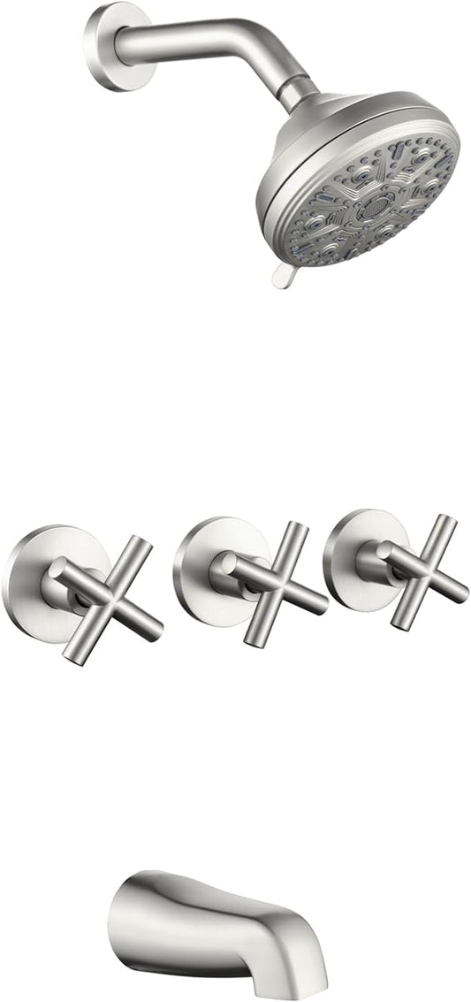 3 Handles Shower Faucet Set with Tub Spout Bathtub Shower Faucets Combo Set Shower System Complete Tub and Shower Trim Kit Brushed Nickel Shower Fixtures