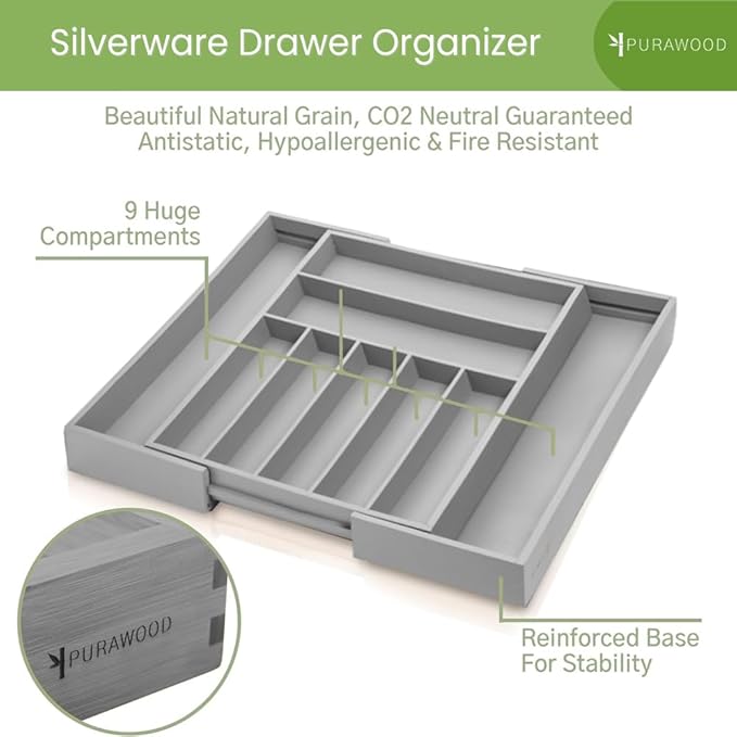 Purawood Bamboo Drawer Organizer - Expandable Silverware Organizer & Utensil Organizer, Cutlery Tray with Dividers, 7-9 Slots - Premium Kitchen Drawer Organizer for Utensils & Flatware (Grey)