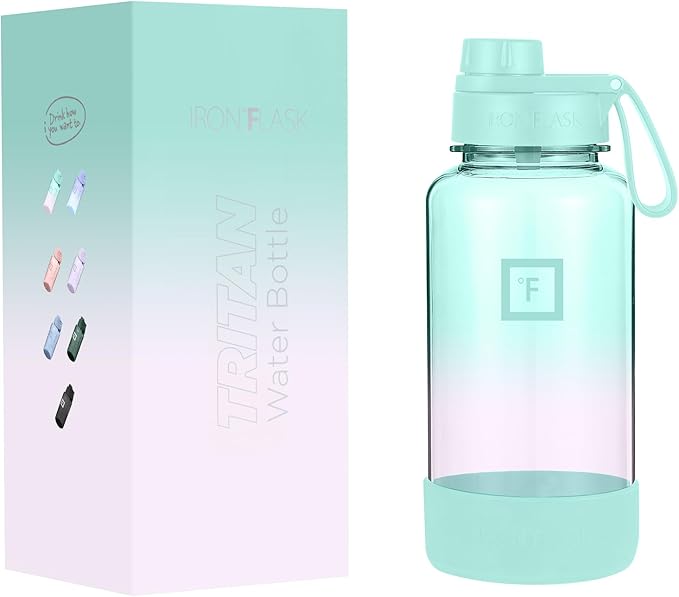 IRON °FLASK Clear Tritan Trekker Water Bottle with Chug Lid & Rubber Boot - Leak Proof & Lightweight for Gym, Hiking, Sports - Dishwasher Safe, BPA Free Plastic - Bubble Gum, 32 Oz