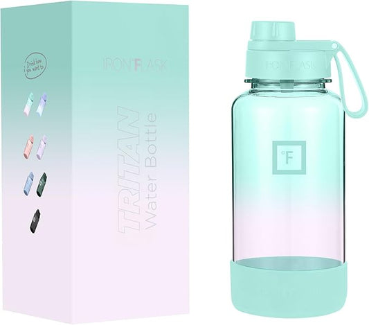 IRON °FLASK Clear Tritan Trekker Water Bottle with Chug Lid & Rubber Boot - Leak Proof & Lightweight for Gym, Hiking, Sports - Dishwasher Safe, BPA Free Plastic - Bubble Gum, 32 Oz