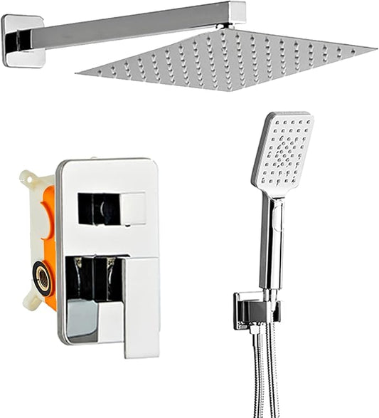 Bathroom Shower System 8 Inch Rain Shower Head and Handheld Wall Mounted, High Pressure Rainfall Dual Shower Combo Set with Valve and trim, Luxury Rain Mixer Brushed Silver Shower Faucet