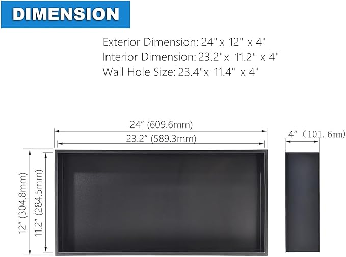 24x12 Matte Black Stainless Steel Modern Shower Niche Shelf, 1 Shelf, Wall-Mounted, Waterproof, No Tile Needed, Easy Installation, Bathroom Storage