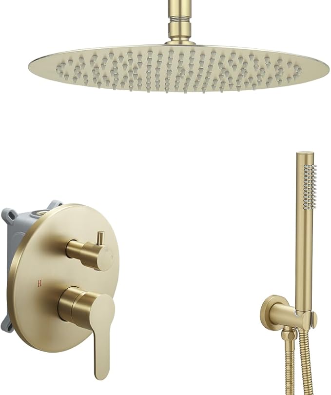 Brushed Gold Ceiling Mount Round Rain Shower System with 12 Inch Shower Head and Handheld Bathroom Shower Set Contain Shower Faucet Trim Kit (Mixer Valve Included)