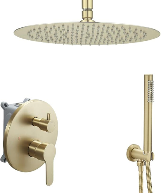 Brushed Gold Ceiling Mount Round Rain Shower System with 12 Inch Shower Head and Handheld Bathroom Shower Set Contain Shower Faucet Trim Kit (Mixer Valve Included)