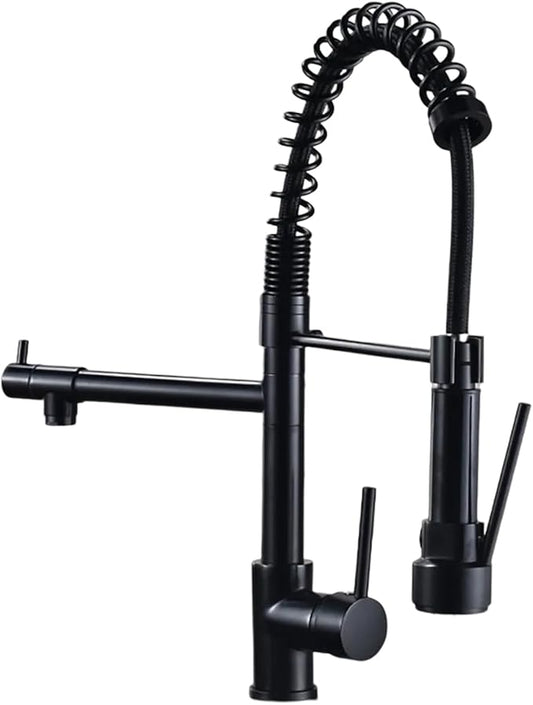 Commercial Kitchen Faucet with Pull Out Sprayer,Black Kitchen Sink Faucet with Pot Filler,Dual Spout Spring Stainless Steel Kitchen Faucets Pull-Out Kitchen Faucet for RV, Farmhouse, Camper