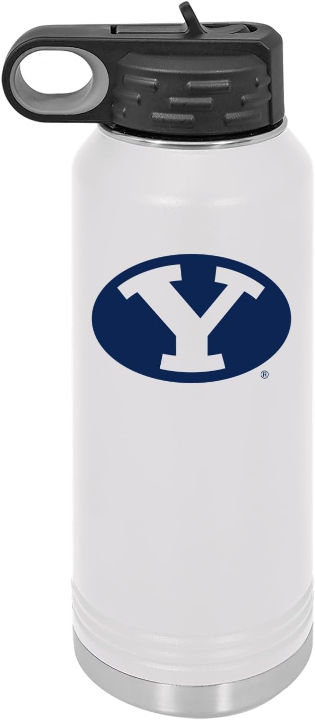 Game Day Outfitters BYU Cougars 32oz Stainless Steel Double Walled White Beverage Bottle with Flip Straw Spout– College Gear for Playoff Season– For Gym, Home or Auto – Show Your Brigham Youth Pride