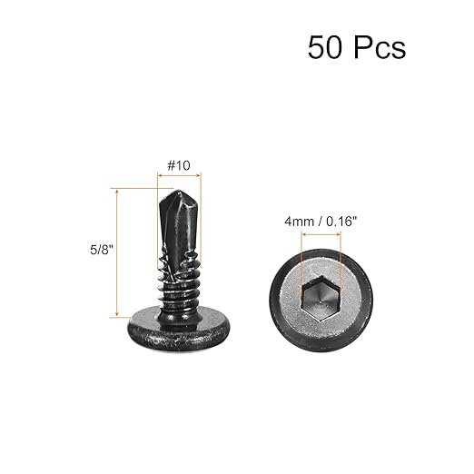 uxcell Hex Socket Self Tapping Screws, #10 x 5/8" 410 Stainless Steel Sheet Metal Flat Head Drilling Screw 50pcs, Black