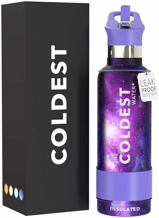 Coldest Water Bottle with Standard Mouth Straw Lid Metal Thermos Vacuum Insulated Stainless Steel l Reusable Leak Proof Cupholder Flask (21 oz, Astro Purple)