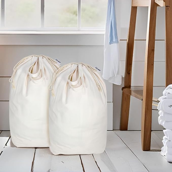 Canvas Laundry Bags with Handles & Square Base13.8"x 13.8", Large Heavy Duty Laundry Basket Hamper Liner, College Dorm Washable Drawstring Cotton Dirty Clothes Bag (Beige,2 Pack)