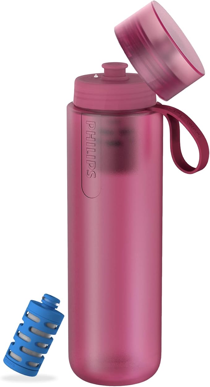 PHILIPS Water GoZero Active BPA-Free Water Bottle with Fitness Tap Water Filter, Sport Squeeze Water Bottle, Lightweight, 32 oz with Fitness Filter, Plum