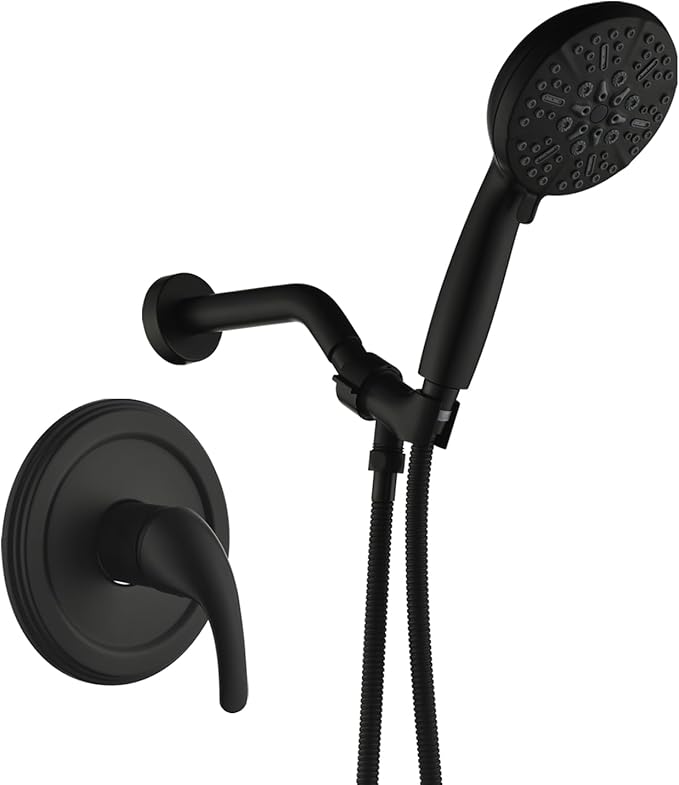 Single-Handle Shower Faucet Set Matte Black Shower Head and Handle Set Shower Valve Kit with 7 Modes ABS Handheld Spray Matte Black Shower Fixtures Shower Valve and Trim Kit