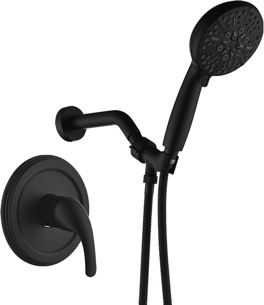 Single-Handle Shower Faucet Set Matte Black Shower Head and Handle Set Shower Valve Kit with 7 Modes ABS Handheld Spray Matte Black Shower Fixtures Shower Valve and Trim Kit