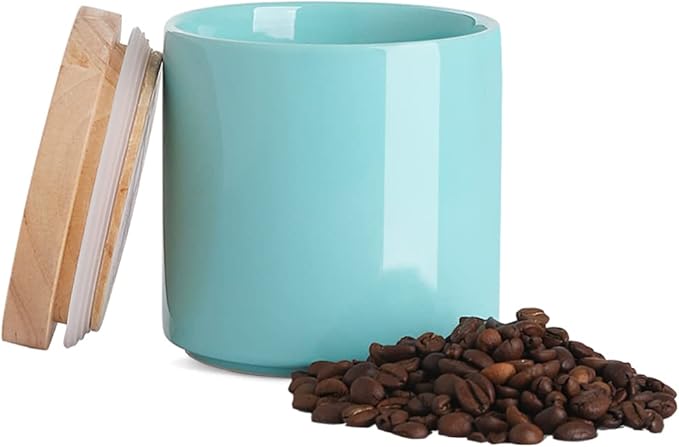 Sweejar Kitchen Canisters Ceramic Food Storage Jar, Stackable Containers with Airtight Seal Wooden Lid for Serving Ground Coffee, Tea, Sugar, Salt and More - 16 Fl Oz (Dark Turquoise)